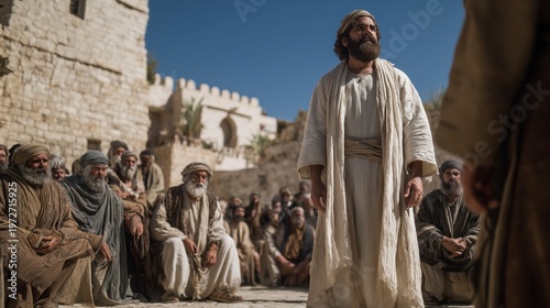 A grand biblical coronation scene of David in Hebron as elders of Judah anoint him with oil, surrounded by tribal leaders in a sunlit city square with stone houses and a visible gate.
