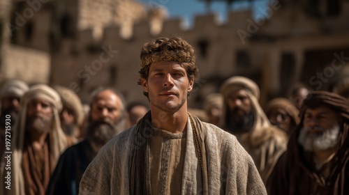 A grand biblical coronation scene of David in Hebron as elders of Judah anoint him with oil, surrounded by tribal leaders in a sunlit city square with stone houses and a visible gate.
