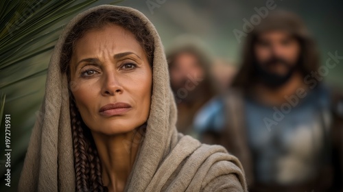 A wide biblical scene of Deborah seated beneath a palm tree in a lush valley, Barak in full armor standing before her, with villagers gathered across layered hills in soft spring daylight.
