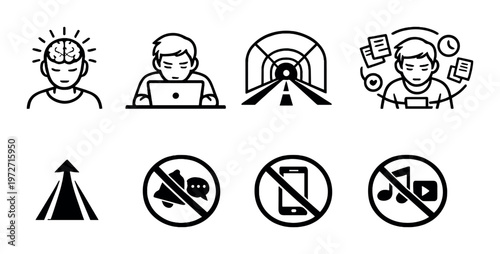Icons of focused work and do not disturb symbols on dark background