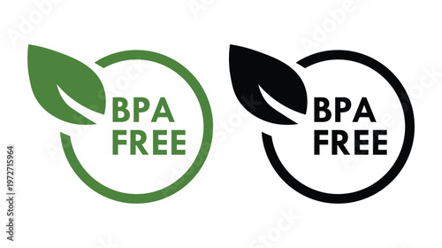 Two circular emblems displaying bpa free text with leaf graphics in green and black a striking silhouette high quality professional detailed modern elegant