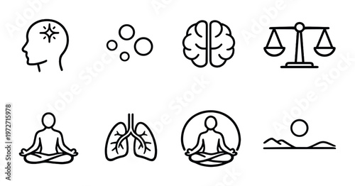 Mindfulness and wellness icons showing breathing on dark background