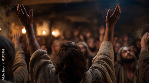 A peaceful scene of an early Christian community praying together in a modest house church, their uplifted hands and calm faces glowing in warm lamplight.
