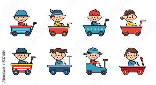 Colorful cartoon illustration of children playing with various toy vehicles