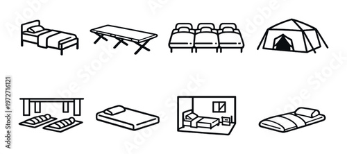 Variety of beds and sleeping arrangements in indoor settings