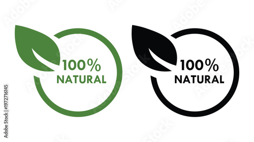 Two circular emblems featuring leaves and text proclaiming 100 natural displayed side by side a bold silhouette high quality professional detailed modern elegant