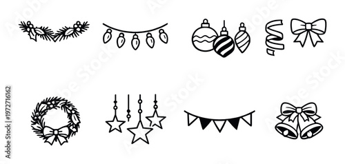 Holiday garlands and hanging ornaments with bows on dark background