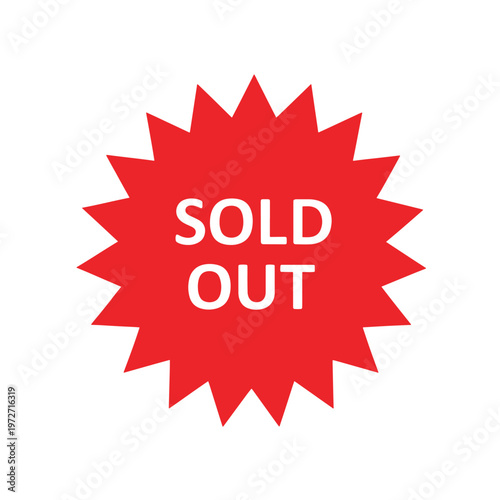 Bold red starburst sticker featuring white Sold Out text. High impact retail graphic for inventory and sales status.