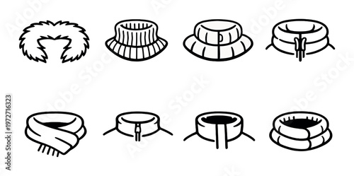 Collection of winter neckwear and collars on dark grey background