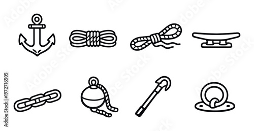 Anchor and marine ropes and hardware icons on dark background