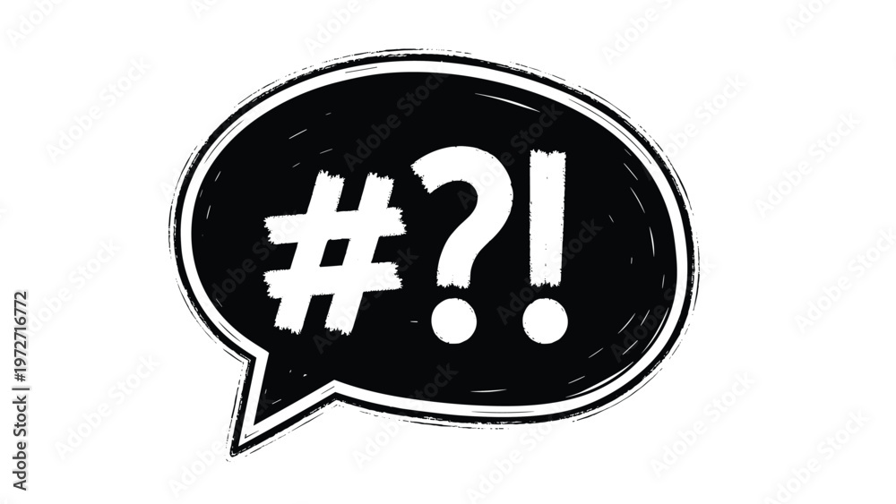 Fototapeta premium Bold black speech bubble with white hand drawn symbols including a hashtag, question mark, and exclamation point inside.