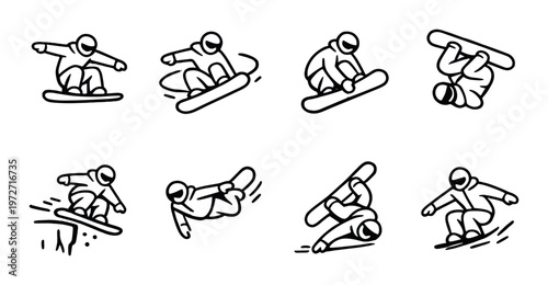 Snowboarder icons showing tricks arranged on gray background