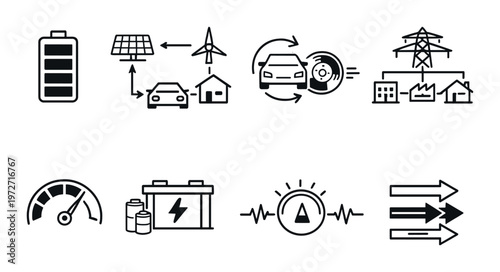 Electric vehicle energy flow and storage icons on dark background