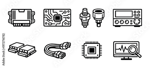 Electronic control units and sensor components on gray background