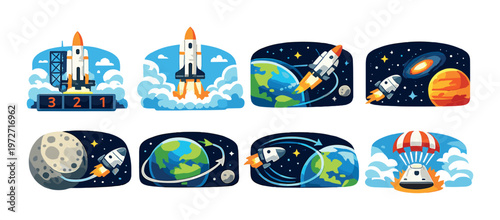 Rocket launch sequence and spacecraft stages in sky panels