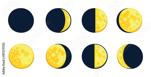 Moon phases sequence showing illuminated progression on dark backdrop