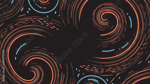 Abstract background featuring dynamic swirl patterns and dashed lines in shades of orange and blue on a dark charcoal backdrop.