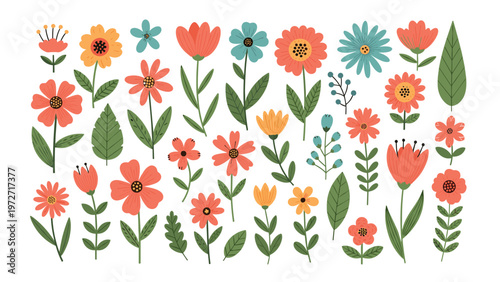 Beautiful collection of hand drawn colorful flowers, green leaves, and delicate branches arranged neatly on a white background.