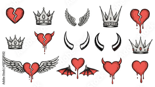 Edgy collection of hand drawn illustrations including broken hearts, crowns, angel wings, devil wings, and demon horns in a tattoo style.