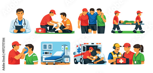 Emergency medical scenes showing first aid and ambulance care