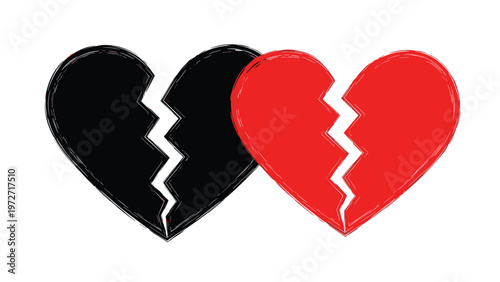 Two large hand drawn broken heart symbols in black and red showing jagged cracks and separation against a white background.