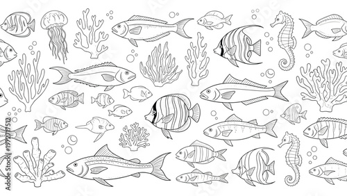 Detailed black and white seamless underwater scene illustration featuring various fish, seahorses, jellyfish, corals, and bubbles.