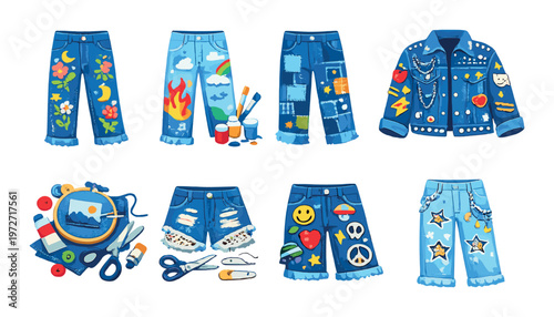 Decorated denim pants and shorts with painting supplies on display