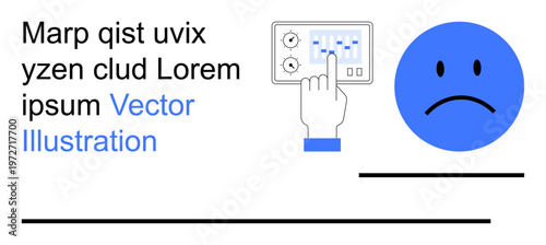 Emotional response, user interface interaction, psychological feedback, technology concepts, human-computer interaction, digital management. A sad blue face next to a hand on a control panel