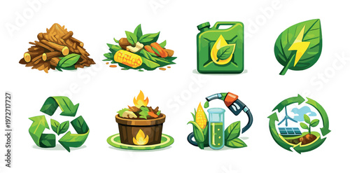 Biomass and biofuel icons showing crops, waste and fuel container