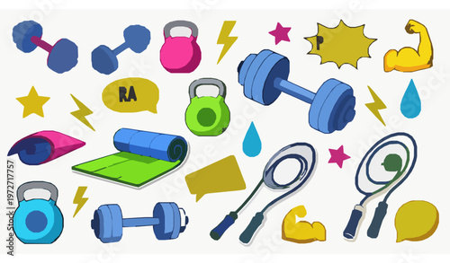 90s cartoon sports and fitness stickers vector set