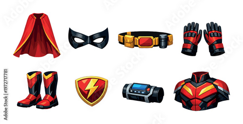 Superhero costume pieces arranged in rows on dark background