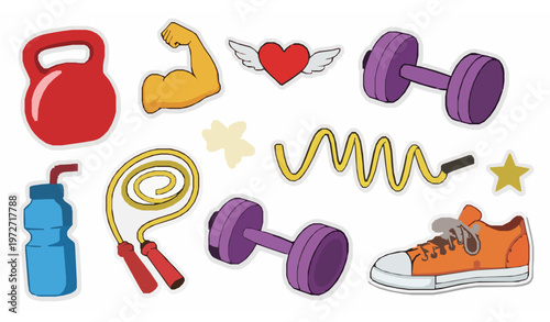 90s cartoon fitness and sports doodle sticker vector set