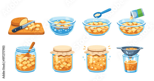 Chopped fruit preparation and preserving in bowls and jars