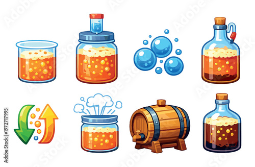 Fermentation and brewing icons showing jars, bubbles, barrel