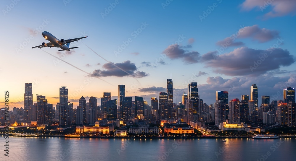 Naklejka premium USA, US, U.S, United States - Airplane Over City Skyline at Sunset | Modern Skyscrapers With Reflections on Water | Urban Travel Aviation Scene | Cityscape Wall Art Print 