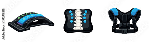 Three wearable support devices with spine pad and shoulder harness