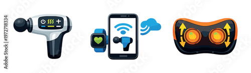 Handheld massage gun and wearable tech with smartphone on backdrop