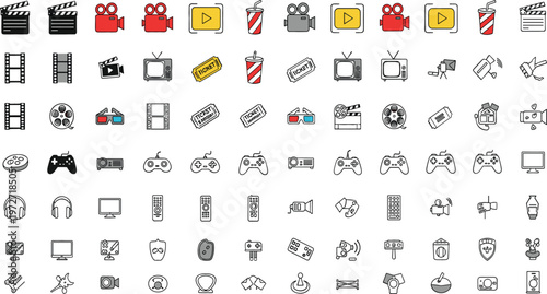 "Set of Multimedia and Entertainment Icons Including Film, Camera, TV, Gaming, Audio, and Projector Icons for Websites, Apps, and Media Designs"
