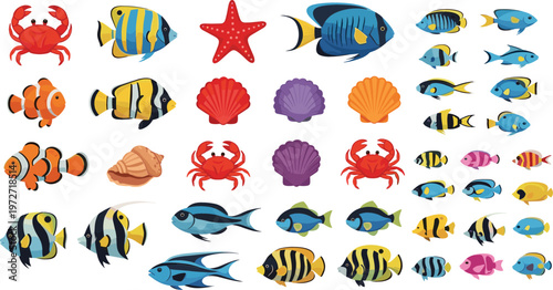 "Set of Colorful Marine Life Icons Including Fish, Crabs, Starfish, Shells, and Coral for Websites, Apps, and Ocean-Themed Designs"