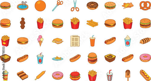 Set of Cartoon Food Icons Including Burger, Fries, Hot Dog, Donut, Ice Cream, Drink, and Snacks for Websites, Apps, and Fast Food Designs