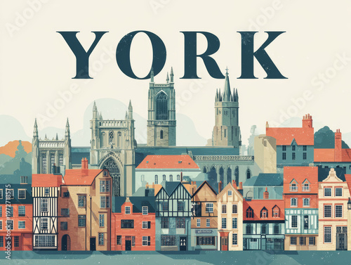Explore York: Historic Cityscape Illustration of Iconic British Architecture and Attractions in England's Cultural Heritage Destination