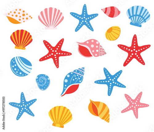 Summer marine collection with colorful sea shells and starfish icons isolated on white background for beach vacation designs.