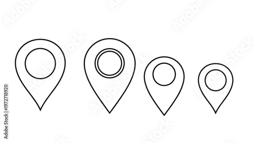 Set of four simple black line art map pin icons arranged in decreasing size from left to right on a white background for navigation design.
