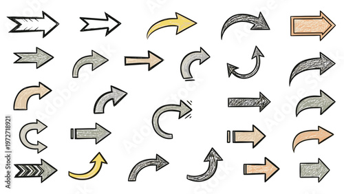 Wide variety of hand-drawn arrows in different shapes sizes and colors with crayon texture for creative and playful directional design.