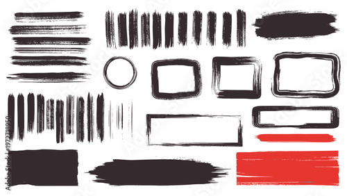 Extensive collection of black and red textured brush strokes horizontal lines and rectangular frames for expressive and bold graphic design.