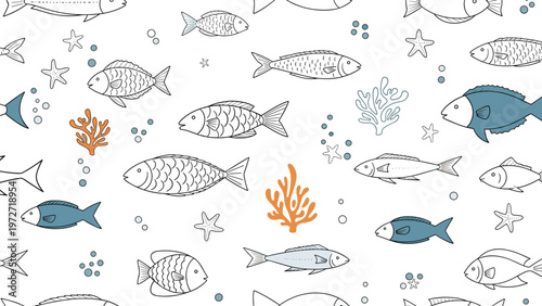 Detailed marine pattern featuring various hand-drawn fish starfish and colorful coral on a clean white background for ocean and sea themes.