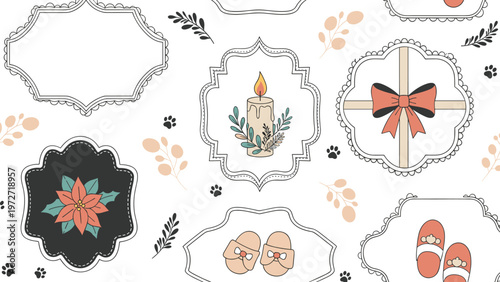 Festive pattern of decorative vintage frames containing various cozy icons like candles gift boxes slippers and flowers for holiday designs.