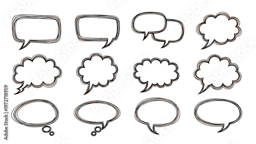 Comprehensive set of various hand-drawn speech and thought bubble icons with unique sketchy layered outlines on a clean white background.