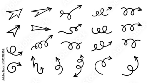 Collection of different hand-drawn black curly wavy and spiraled arrow icons in a simple minimalist style for creative directional design.