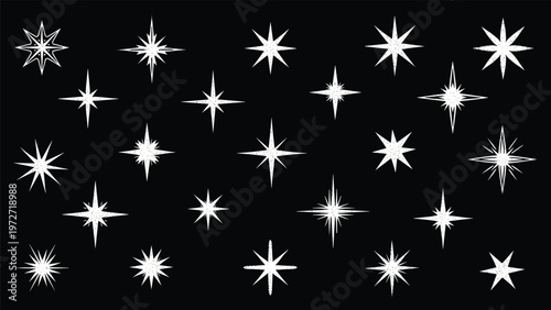 Extensive collection of various hand-drawn white line art sparkles stars and starburst icons on a solid black background for magic themes.